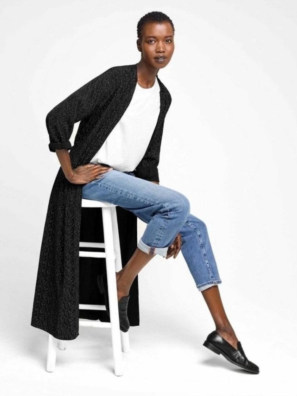 Eileen Fisher Black “Morse Code” Tencel Kimono Duster Size Small